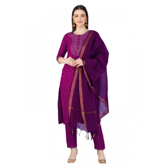 Amfyn Women's Casual 3-4 th Sleeve Embroidery Cotton Kurti Pant Dupatta Set (Purple)