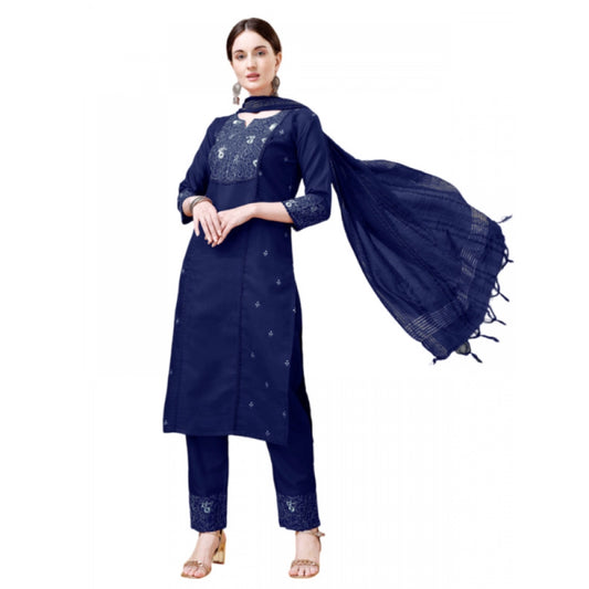 Amfyn Women's Casual 3-4 th Sleeve Embroidery Cotton Kurti Pant Dupatta Set (Dark Blue)