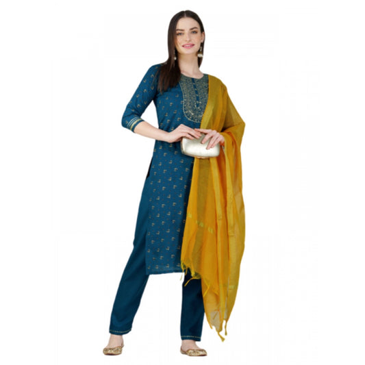 Amfyn Women's Casual 3-4 th Sleeve Embroidery Cotton Kurti Pant Dupatta Set (Blue )