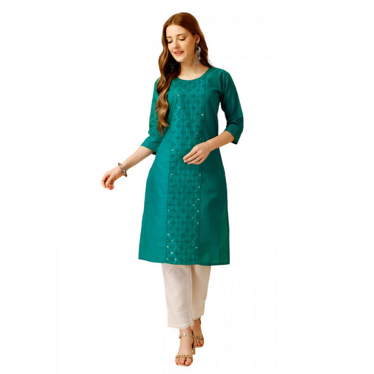 Amfyn Women's Casual 3-4 th Sleeve Embroidery Cotton Kurti Pant Set (Light Green)