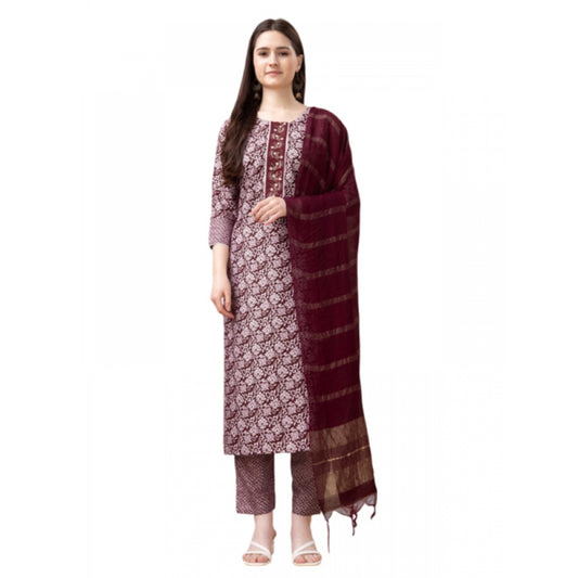 Amfyn Women's Casual 3-4 th Sleeve Embroidery Rayon Kurti Pant Dupatta Set (Maroon)