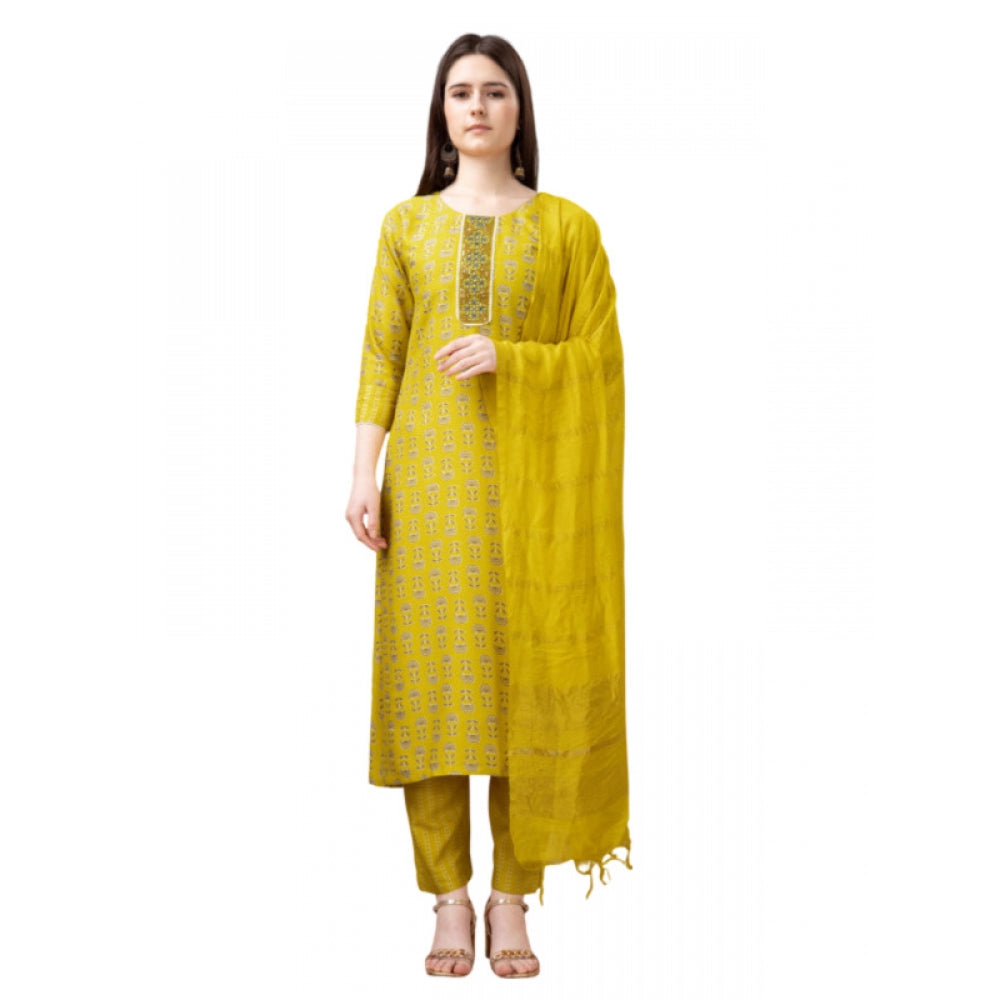 Amfyn Women's Casual 3-4 th Sleeve Embroidery Rayon Kurti Pant Dupatta Set (Yellow)