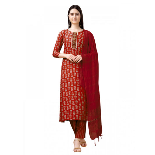 Amfyn Women's Casual 3-4 th Sleeve Embroidery Rayon Kurti Pant Dupatta Set (Maroon)