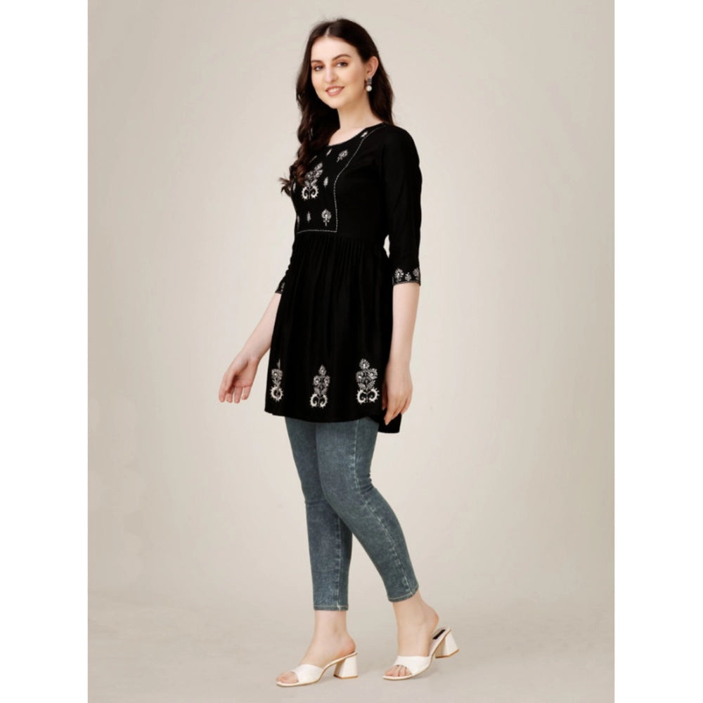 Amfyn Women's Casual 3-4 th Sleeve Embroidered Rayon Tunic Top (Black)