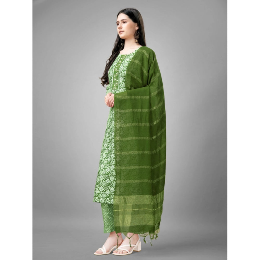 Amfyn Women's Casual 3-4 th Sleeve Embroidery Rayon Kurti Pant Dupatta Set (Green)