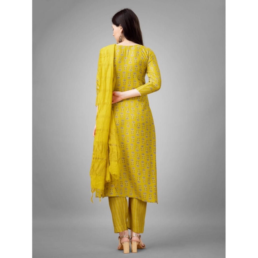 Amfyn Women's Casual 3-4 th Sleeve Embroidery Rayon Kurti Pant Dupatta Set (Yellow)