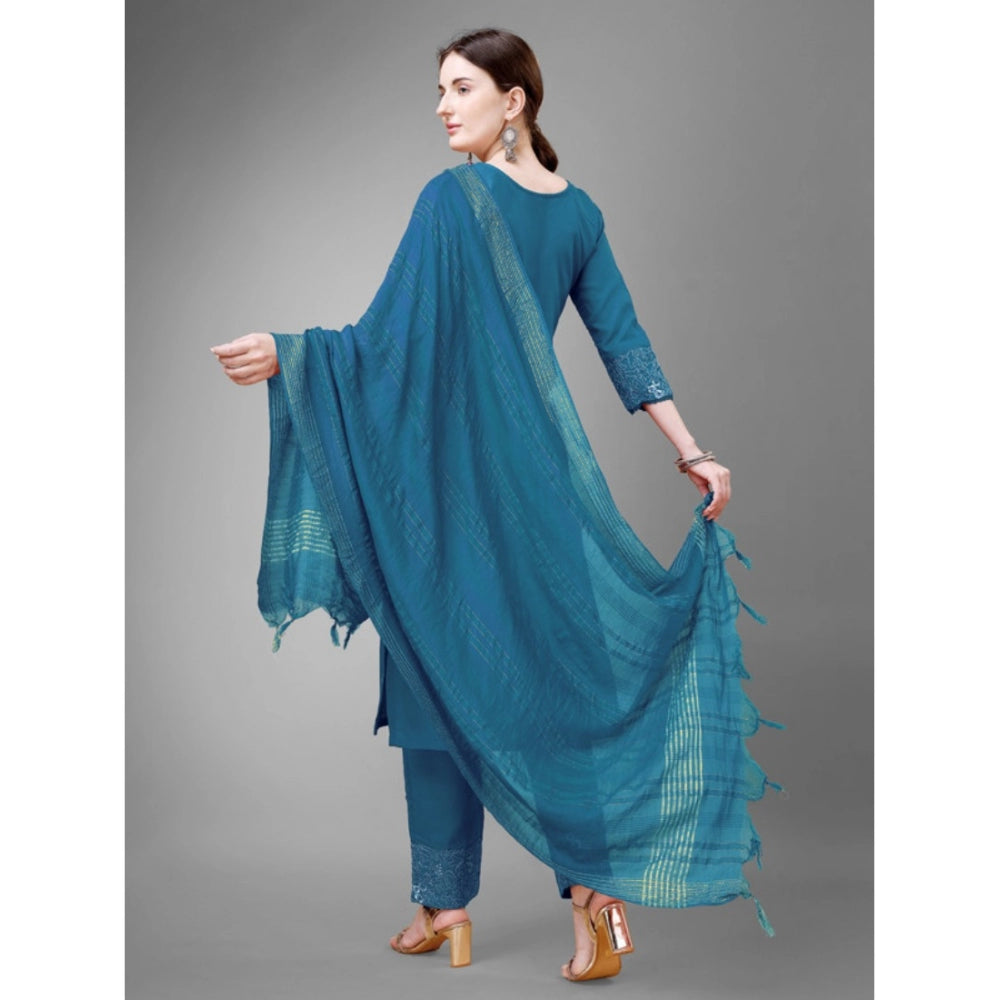 Amfyn Women's Casual 3-4 th Sleeve Embroidery Cotton Kurti Pant Dupatta Set (Blue )