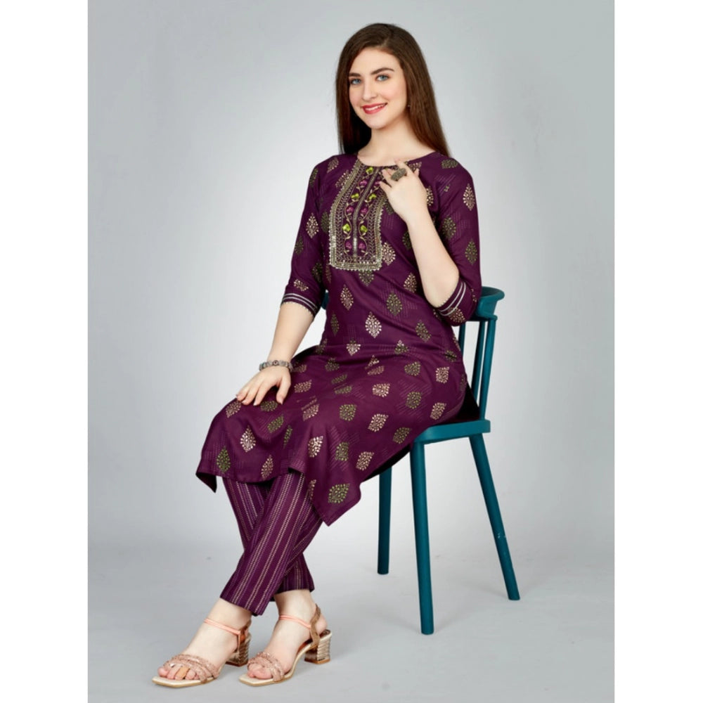 Amfyn Women's Casual 3-4 th Sleeve Embroidery Rayon Kurti Pant Set (Purple)