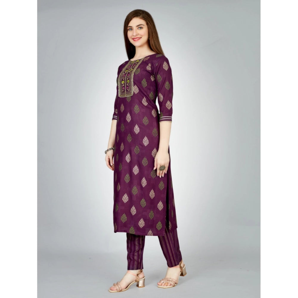 Amfyn Women's Casual 3-4 th Sleeve Embroidery Rayon Kurti Pant Set (Purple)