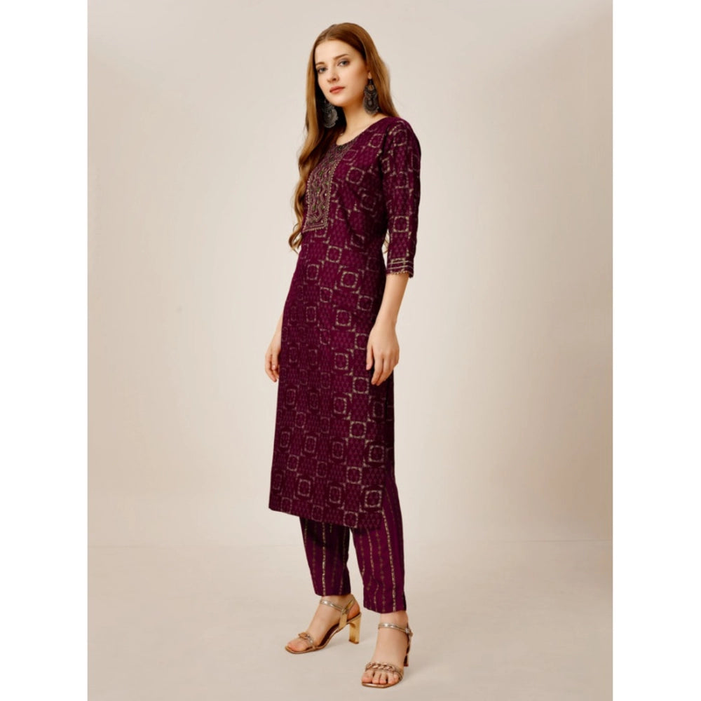 Amfyn Women's Casual 3-4 th Sleeve Embroidery Rayon Kurti Pant Set (Purple)