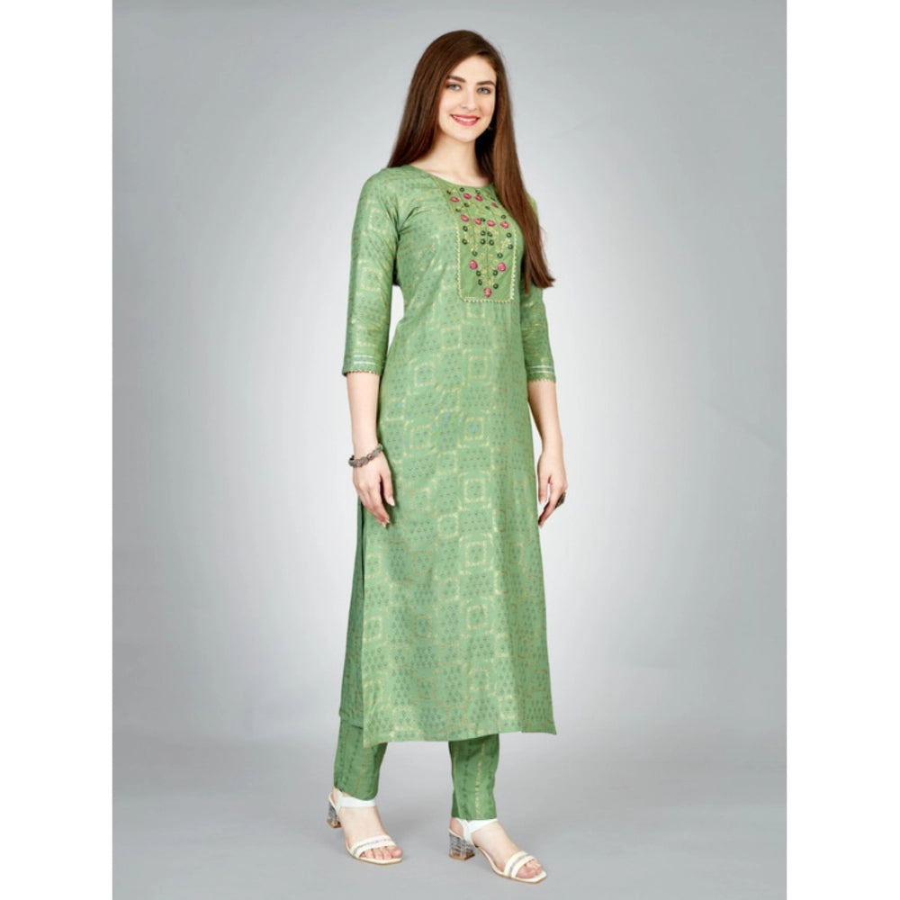 Amfyn Women's Casual 3-4 th Sleeve Embroidery Rayon Kurti Pant Set (Light Green)