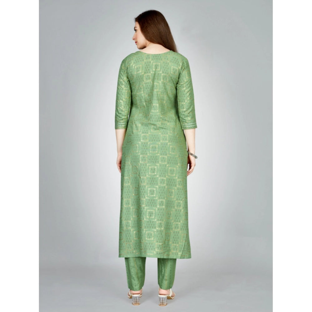 Amfyn Women's Casual 3-4 th Sleeve Embroidery Rayon Kurti Pant Set (Light Green)