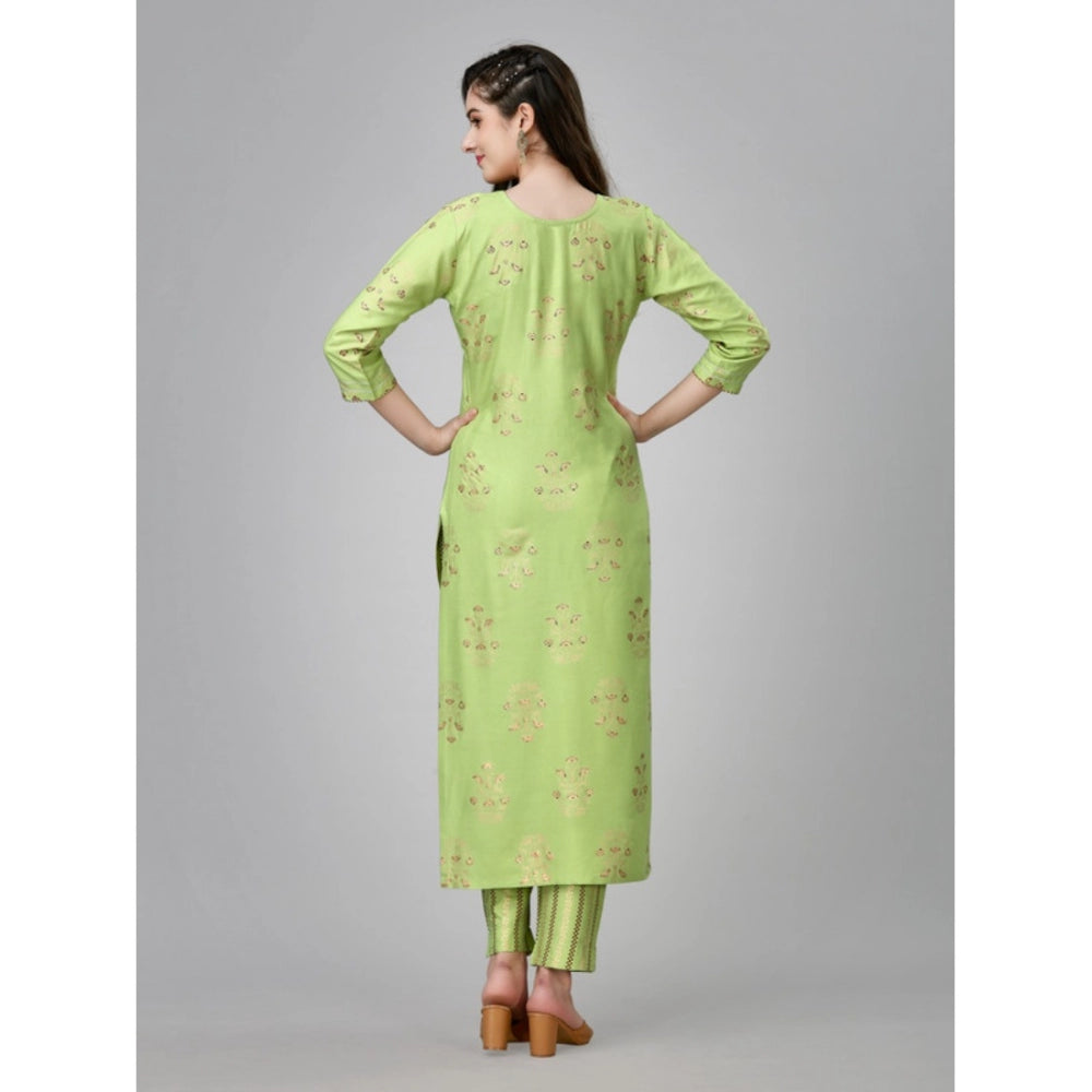 Amfyn Women's Casual 3-4 th Sleeve Embroidery Rayon Kurti Pant Set (Light Green)