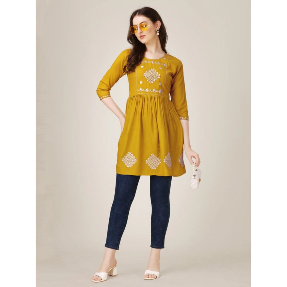 Amfyn Women's Casual 3-4 th Sleeve Embroidered Rayon Tunic Top (Mustard)