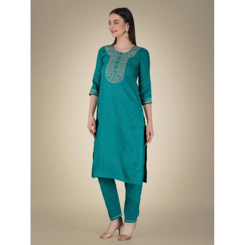 Amfyn Women's Casual 3-4 th Sleeve Embroidery Cotton Kurti Pant Dupatta Set (Light Green)