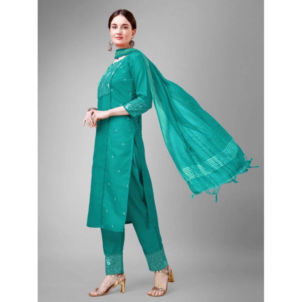 Amfyn Women's Casual 3-4 th Sleeve Embroidery Cotton Kurti Pant Dupatta Set (Rama)