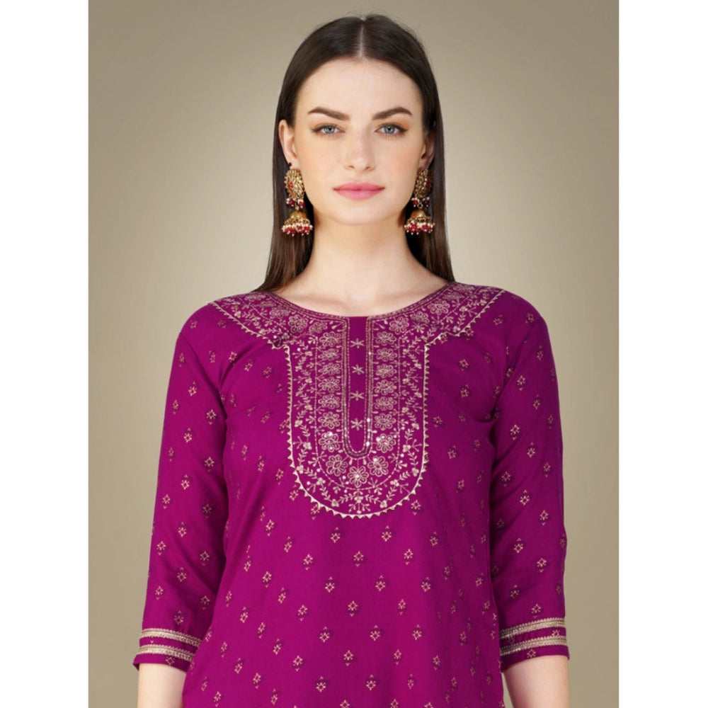 Amfyn Women's Casual 3-4 th Sleeve Embroidery Cotton Kurti Pant Dupatta Set (Purple)