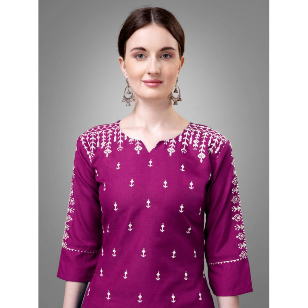 Amfyn Women's Casual 3-4 th Sleeve Embroidery Cotton Kurti Pant Dupatta Set (Purple)