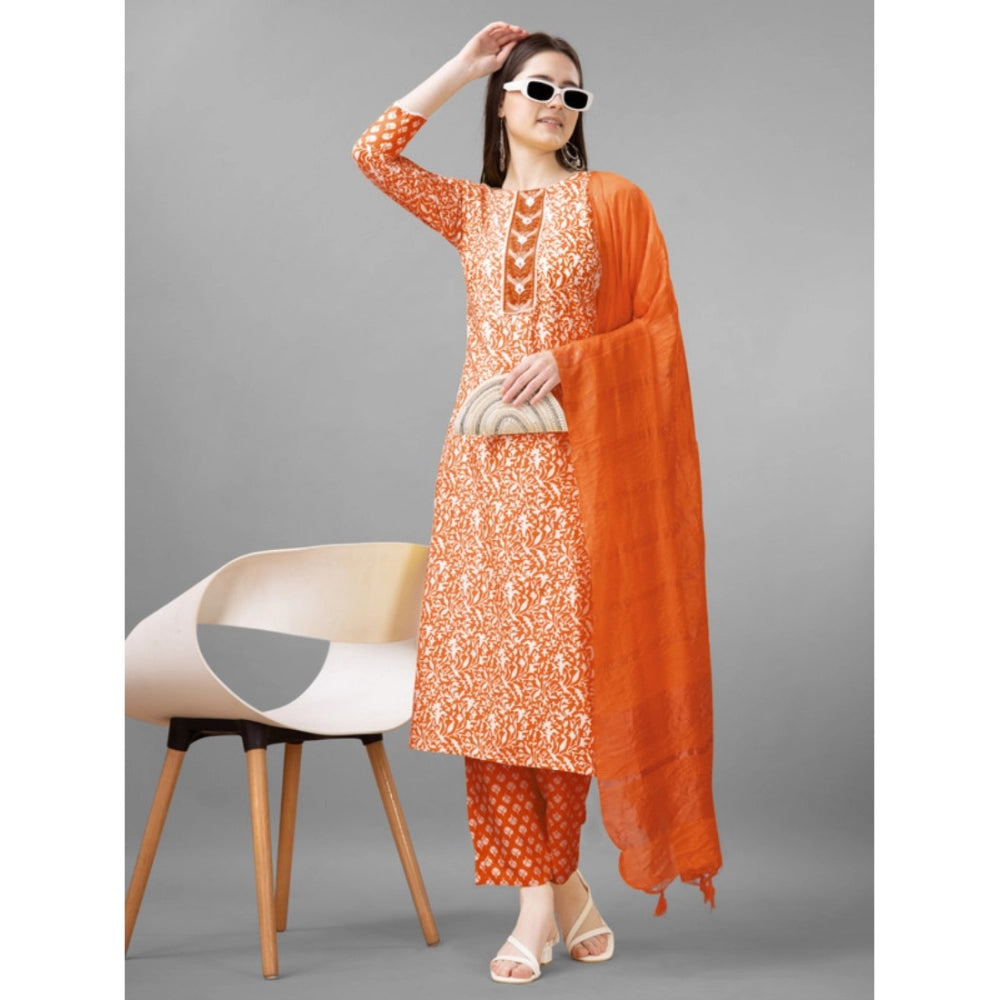 Amfyn Women's Casual 3-4 th Sleeve Embroidery Rayon Kurti Pant Dupatta Set (Orange)