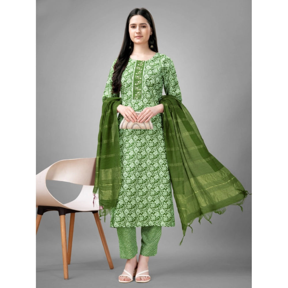 Amfyn Women's Casual 3-4 th Sleeve Embroidery Rayon Kurti Pant Dupatta Set (Green)