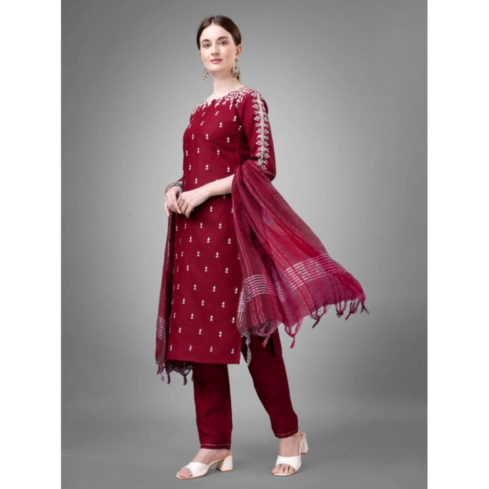 Amfyn Women's Casual 3-4 th Sleeve Embroidery Cotton Kurti Pant Dupatta Set (Maroon)