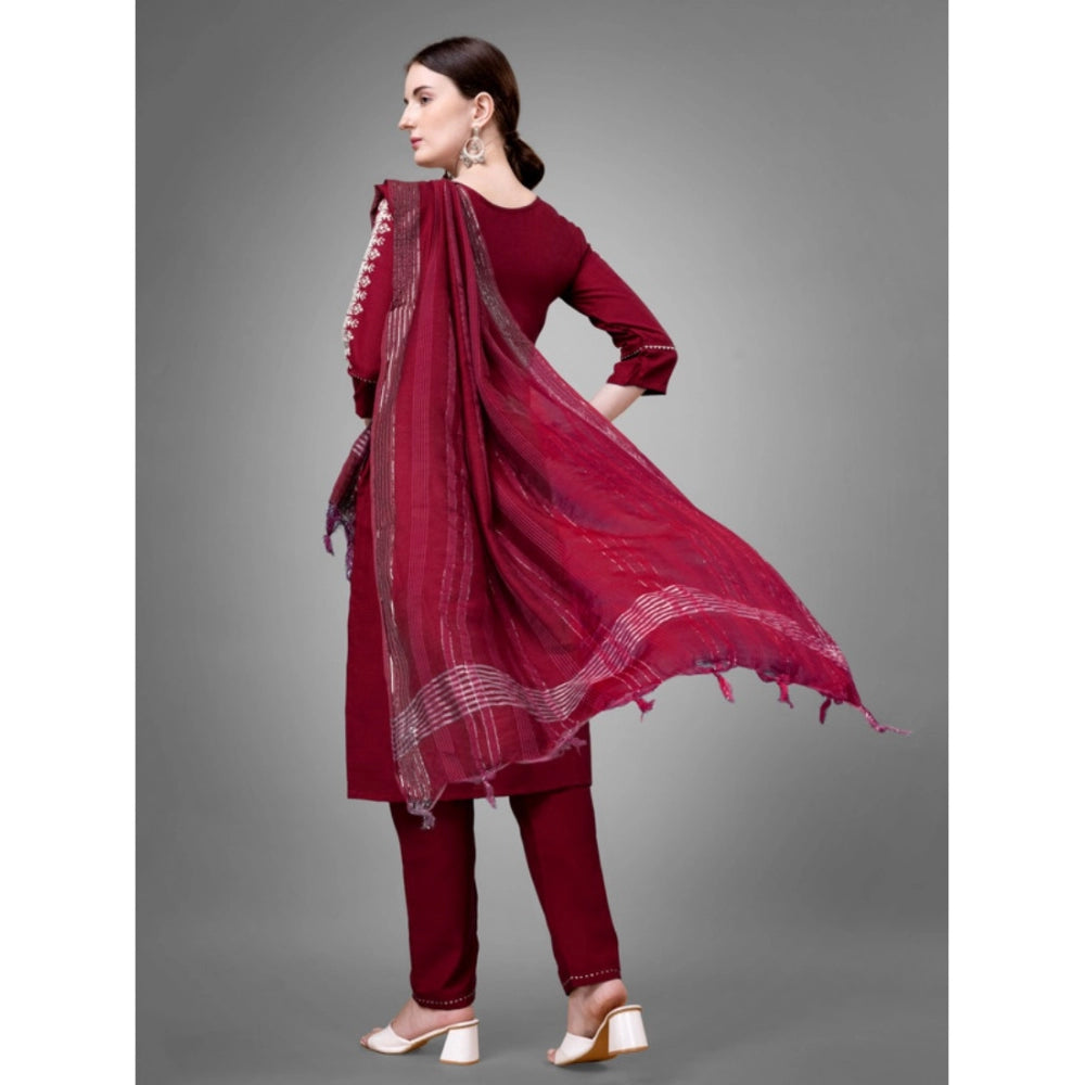 Amfyn Women's Casual 3-4 th Sleeve Embroidery Cotton Kurti Pant Dupatta Set (Maroon)