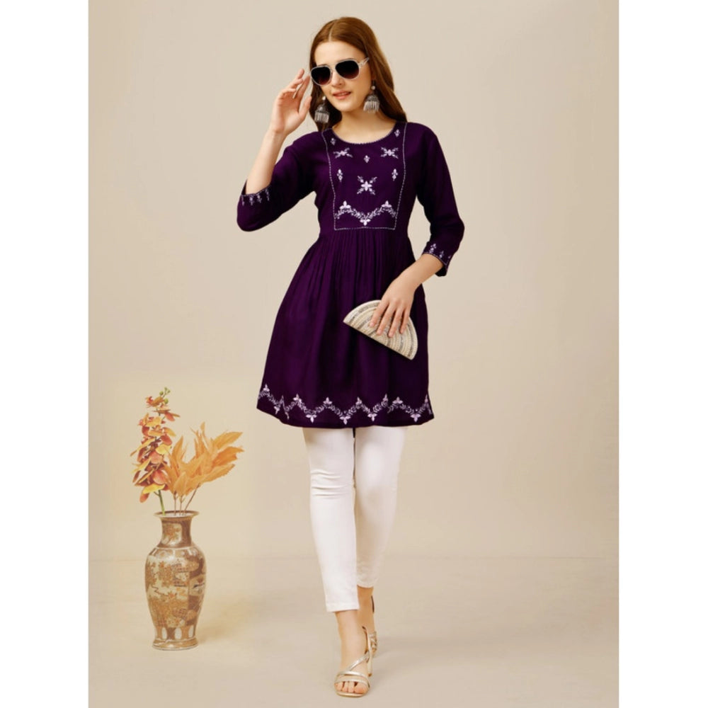 Amfyn Women's Casual 3-4 th Sleeve Embroidered Rayon Tunic Top (Purple)