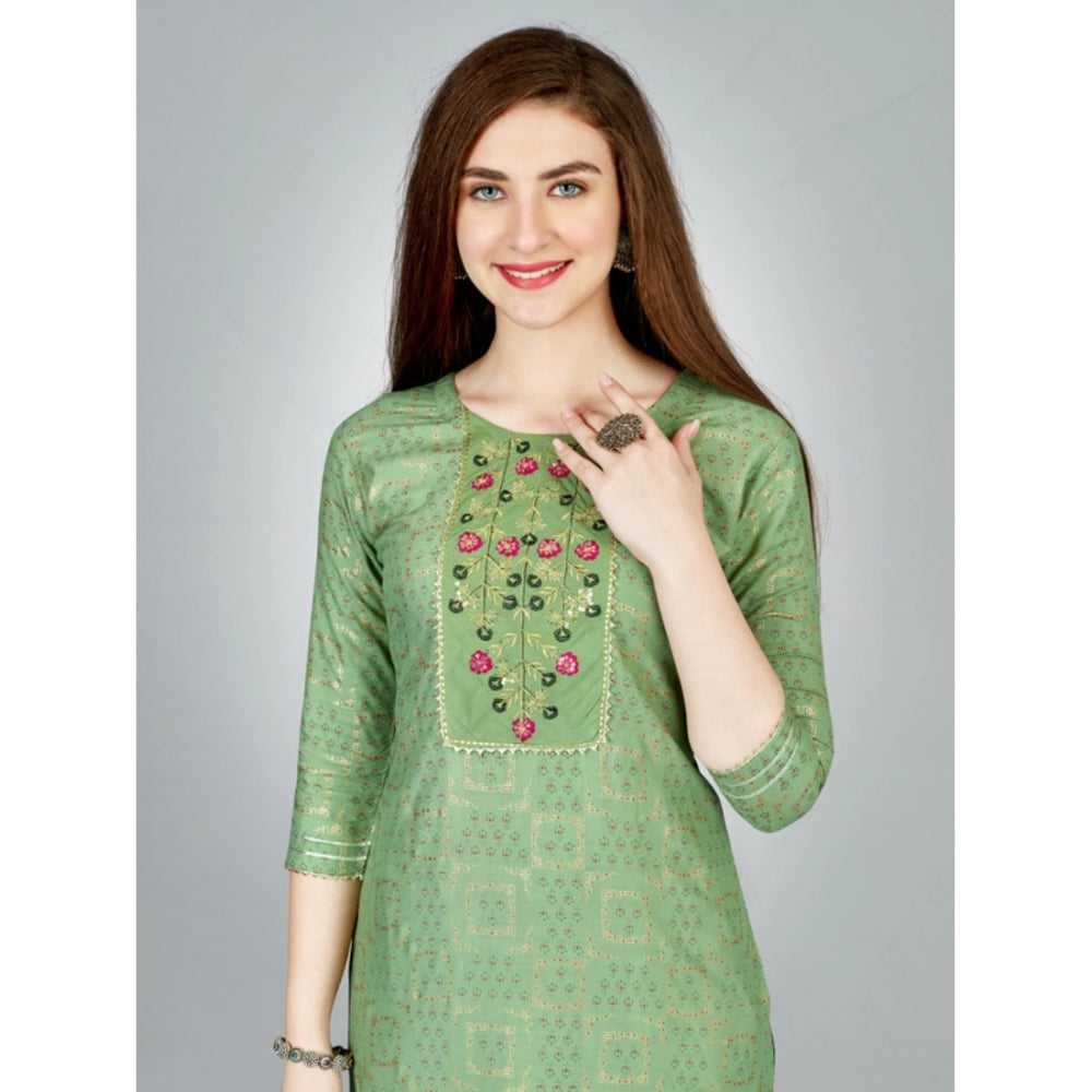 Amfyn Women's Casual 3-4 th Sleeve Embroidery Rayon Kurti Pant Set (Light Green)