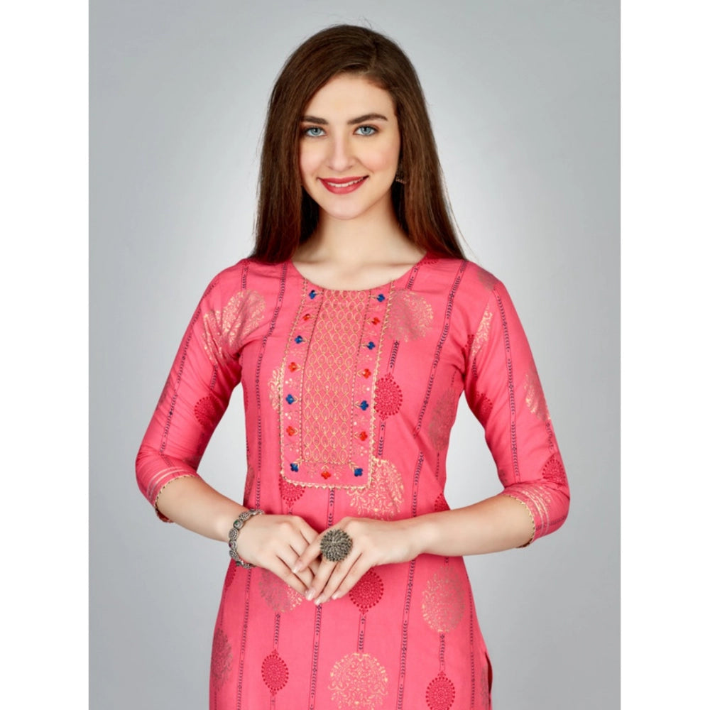 Amfyn Women's Casual 3-4 th Sleeve Embroidery Rayon Kurti Pant Set (Pink)