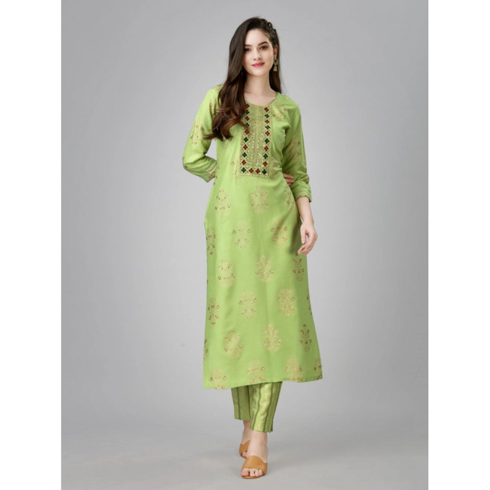 Amfyn Women's Casual 3-4 th Sleeve Embroidery Rayon Kurti Pant Set (Light Green)