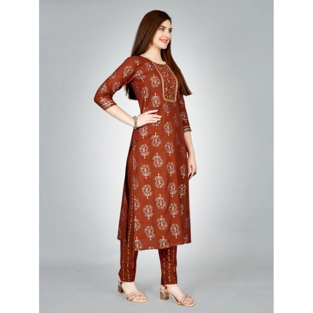 Amfyn Women's Casual 3-4 th Sleeve Embroidery Rayon Kurti Pant Set (Brown)