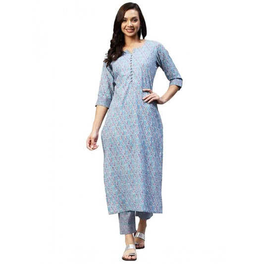 Amfyn Women's Casual 3-4 th Sleeve Printed Cotton Kurti Pant Set (Pastel Blue)