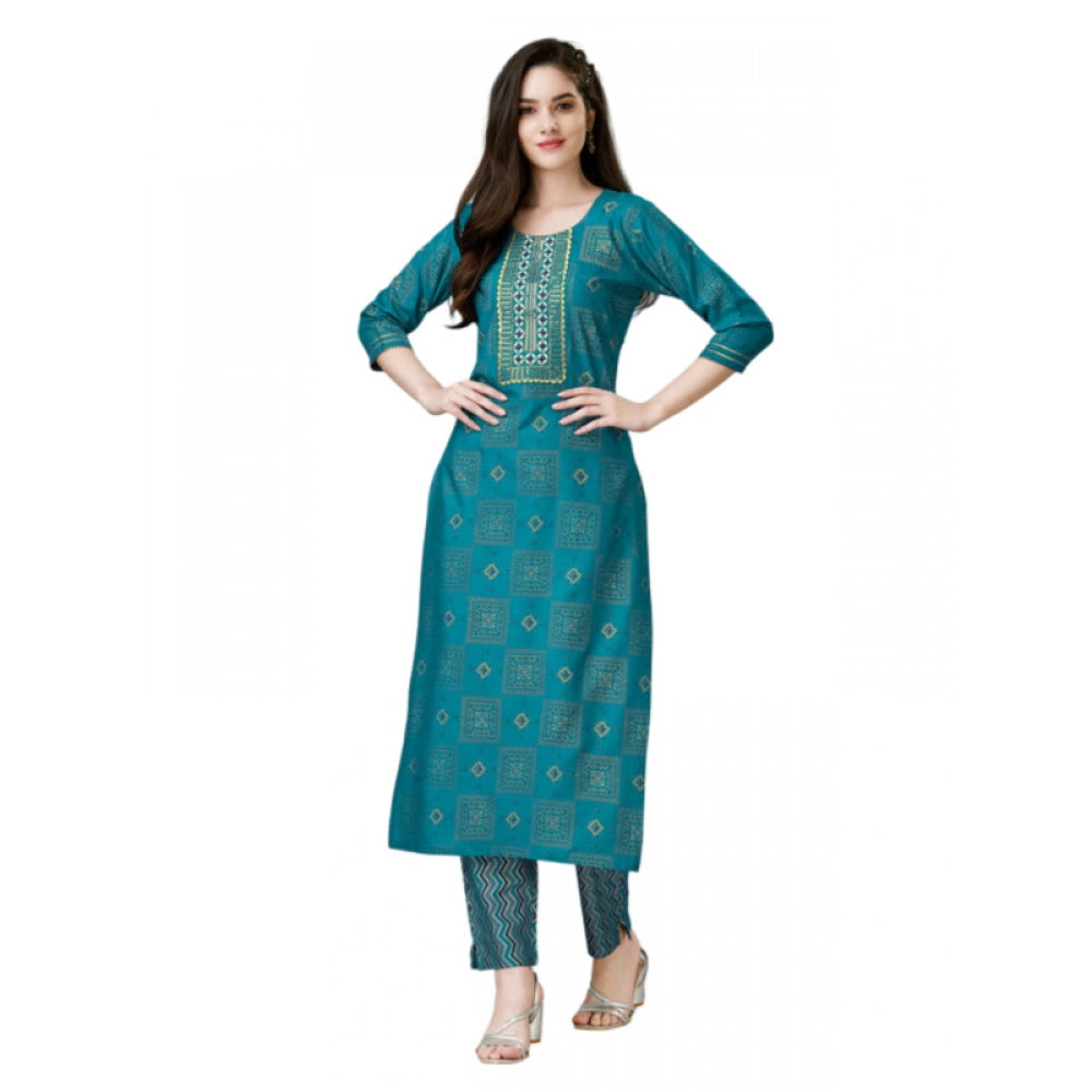 Amfyn Women's Casual 3-4 th Sleeve Embroidery Rayon Kurti Pant Set (Green)