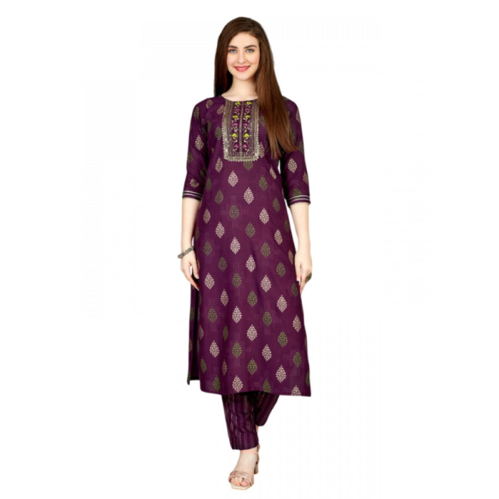 Amfyn Women's Casual 3-4 th Sleeve Embroidery Rayon Kurti Pant Set (Purple)