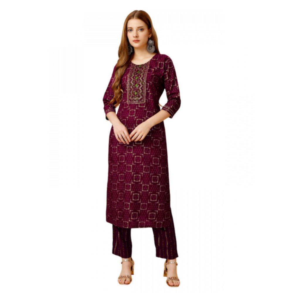 Amfyn Women's Casual 3-4 th Sleeve Embroidery Rayon Kurti Pant Set (Purple)