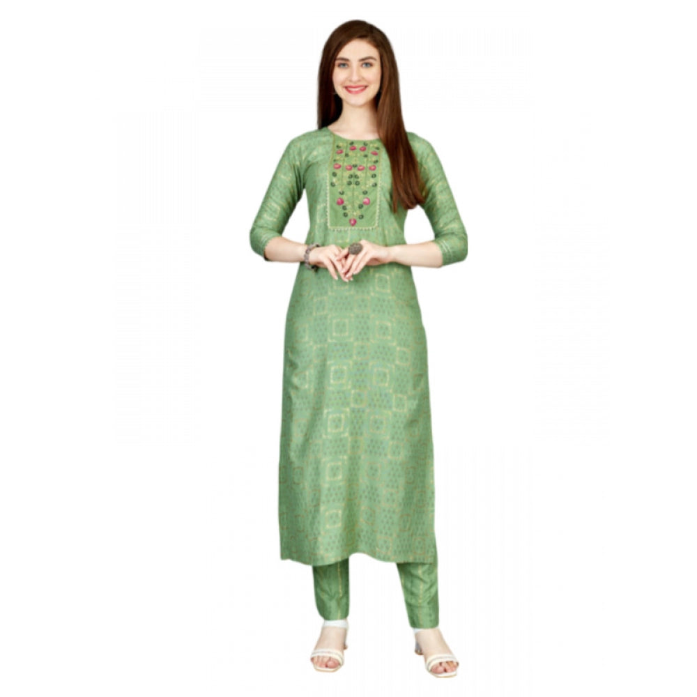 Amfyn Women's Casual 3-4 th Sleeve Embroidery Rayon Kurti Pant Set (Light Green)