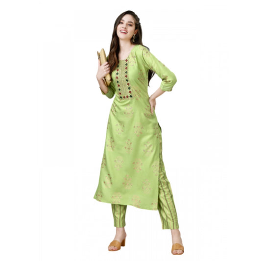 Amfyn Women's Casual 3-4 th Sleeve Embroidery Rayon Kurti Pant Set (Light Green)