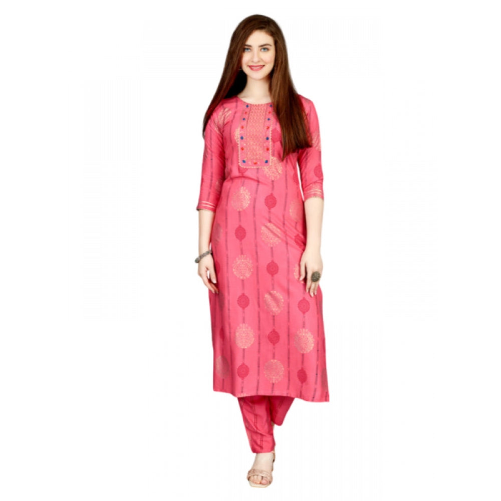 Amfyn Women's Casual 3-4 th Sleeve Embroidery Rayon Kurti Pant Set (Pink)