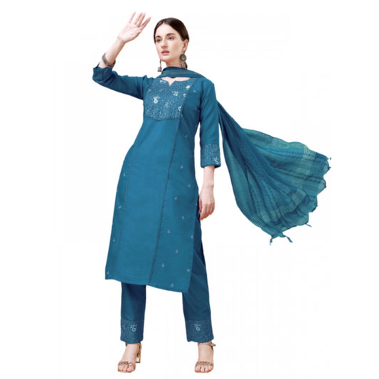 Amfyn Women's Casual 3-4 th Sleeve Embroidery Cotton Kurti Pant Dupatta Set (Blue )