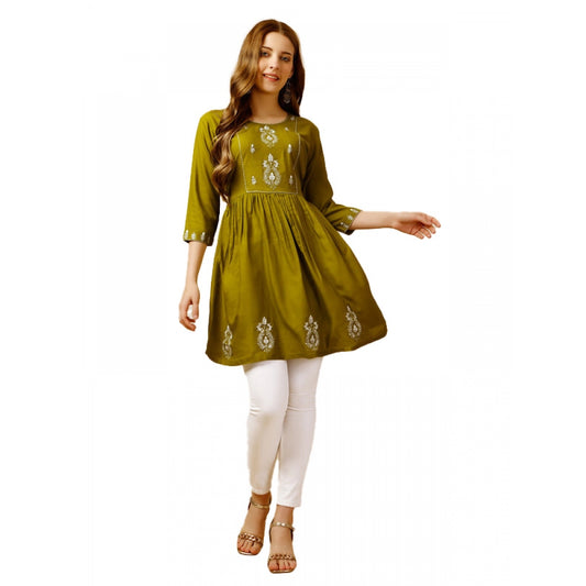 Amfyn Women's Casual 3-4 th Sleeve Embroidered Rayon Tunic Top (Green)