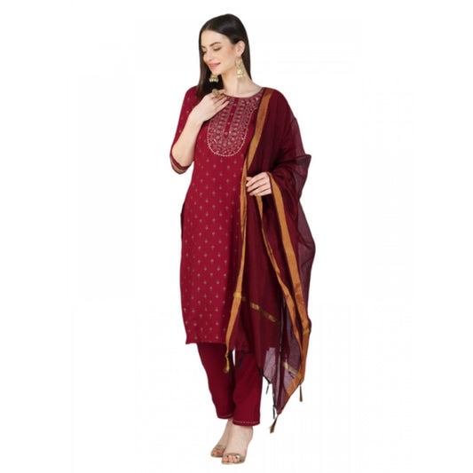 Amfyn Women's Casual 3-4 th Sleeve Embroidery Cotton Kurti Pant Dupatta Set (Maroon)