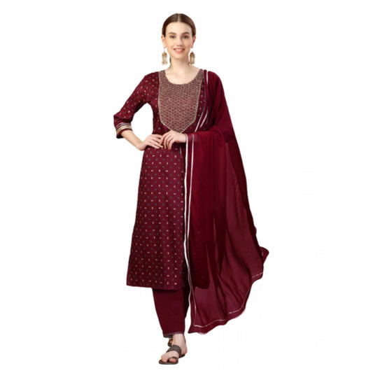 Amfyn Women's Casual 3-4 th Sleeve Embroidery Silk Blend Kurti Pant Dupatta Set (Maroon)