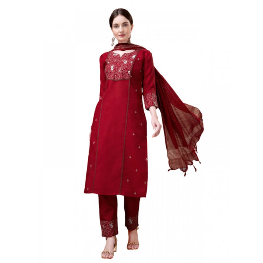 Amfyn Women's Casual 3-4 th Sleeve Embroidery Cotton Kurti Pant Dupatta Set (Maroon)