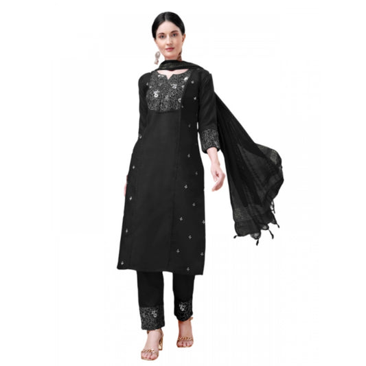 Amfyn Women's Casual 3-4 th Sleeve Embroidery Cotton Kurti Pant Dupatta Set (Black)