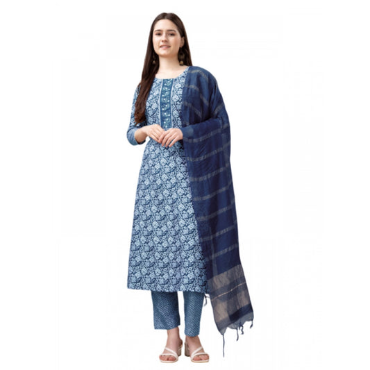 Amfyn Women's Casual 3-4 th Sleeve Embroidery Rayon Kurti Pant Dupatta Set (Light Blue)