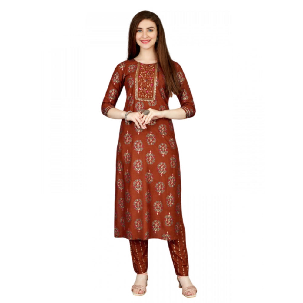 Amfyn Women's Casual 3-4 th Sleeve Embroidery Rayon Kurti Pant Set (Brown)