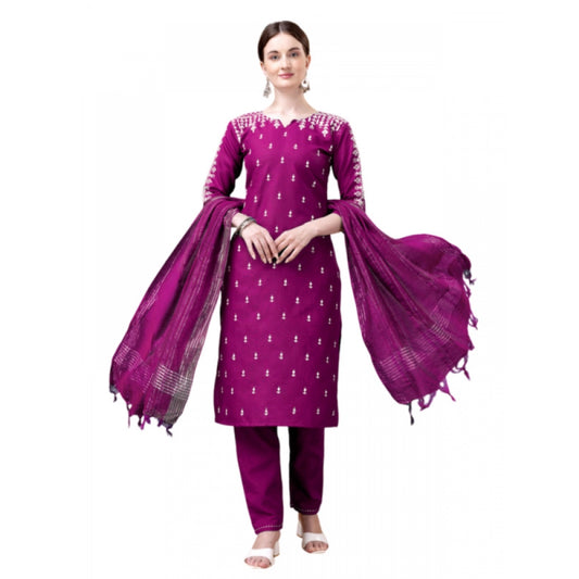 Amfyn Women's Casual 3-4 th Sleeve Embroidery Cotton Kurti Pant Dupatta Set (Purple)