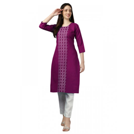 Amfyn Women's Casual 3-4 th Sleeve Embroidery Cotton Kurti (Purple)