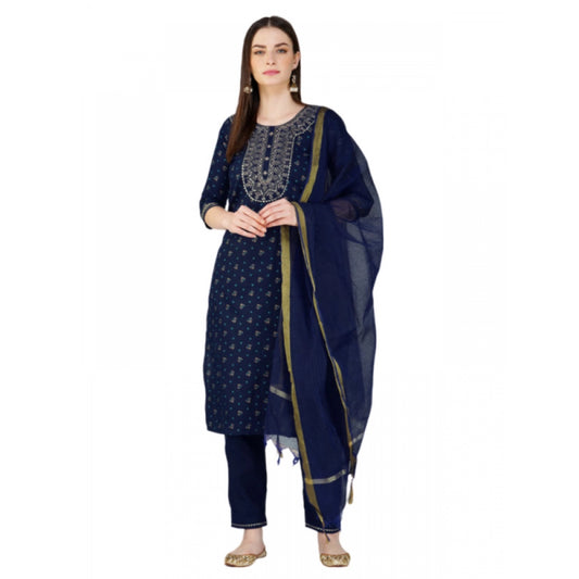 Amfyn Women's Casual 3-4 th Sleeve Embroidery Cotton Kurti Pant Dupatta Set (Dark Blue)