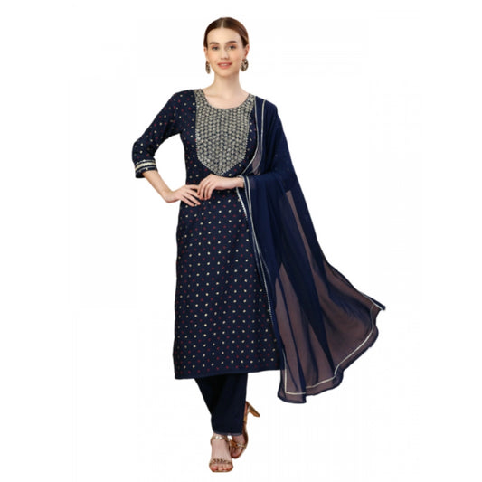 Amfyn Women's Casual 3-4 th Sleeve Embroidery Silk Blend Kurti Pant Dupatta Set (Navy Blue)